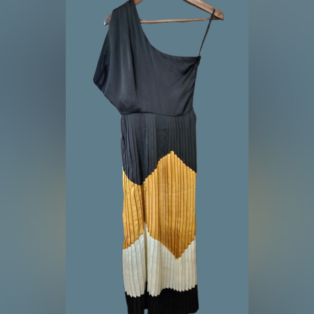 Line & Dot Elegant Accordion Pleated Multi-Color Maxi Dress